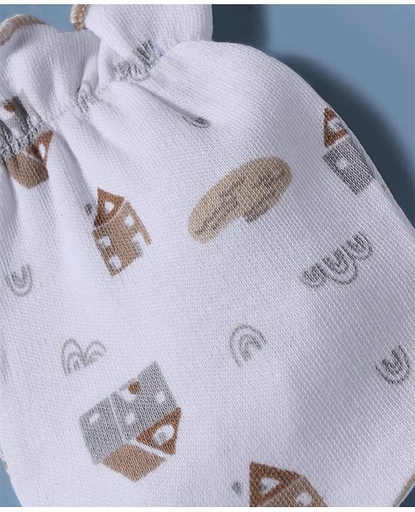 Babyhug 100% Cotton Interlock Knit Mittens and Booties Set With Rainbow Print - White