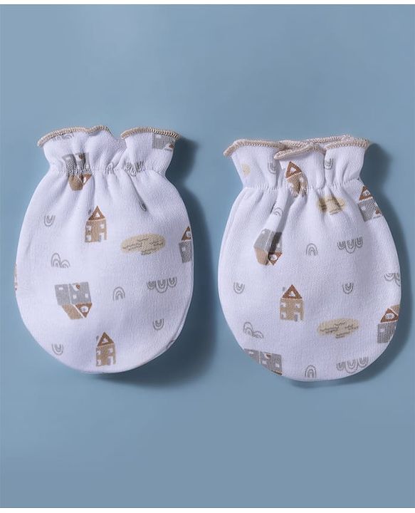 Babyhug 100% Cotton Interlock Knit Mittens and Booties Set With Rainbow Print - White