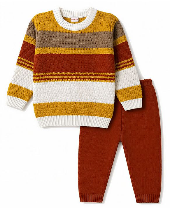 Babyhug Knit Full Sleeves Colour Block Striped Sweater Set- Mustard