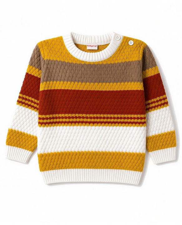 Babyhug Knit Full Sleeves Colour Block Striped Sweater Set- Mustard