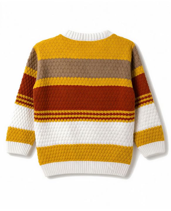 Babyhug Knit Full Sleeves Colour Block Striped Sweater Set- Mustard