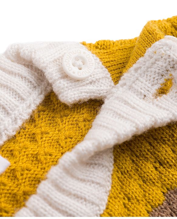 Babyhug Knit Full Sleeves Colour Block Striped Sweater Set- Mustard