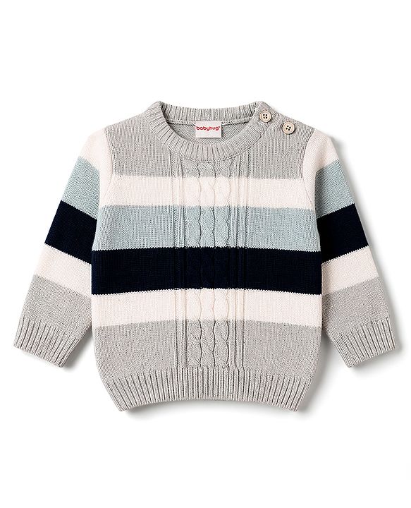 Babyhug Knitted Full Sleeves Striped Sweater Set - Grey
