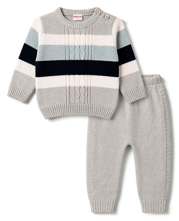 Babyhug Knitted Full Sleeves Striped Sweater Set - Grey