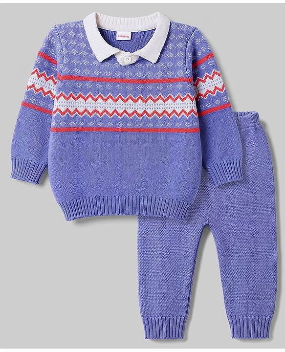 Babyhug Knitted Full Sleeves Collared Sweater Set - Lavender