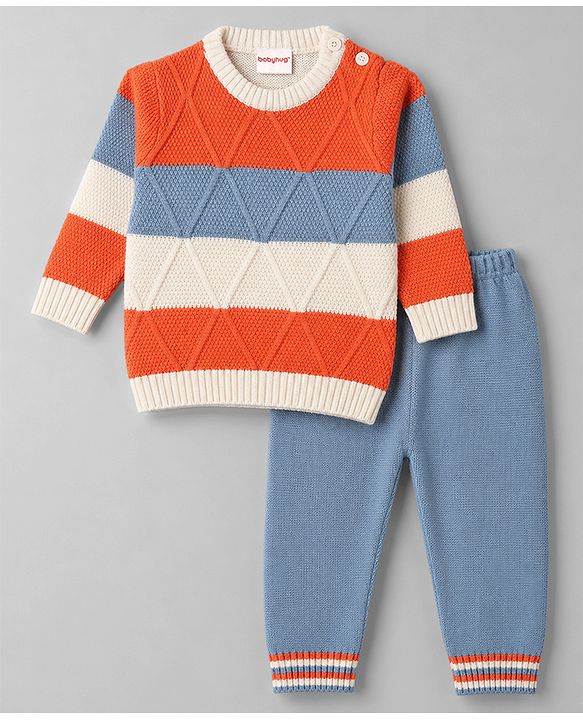 Babyhug Knitted Full Sleeves Striped Sweater Set - Orange