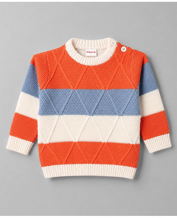 Babyhug Knitted Full Sleeves Striped Sweater Set - Orange