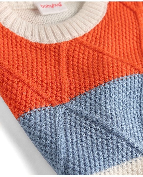 Babyhug Knitted Full Sleeves Striped Sweater Set - Orange