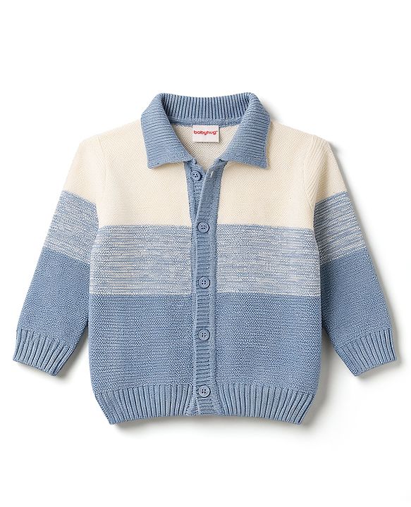 Babyhug Knitted Full Sleeves Striped Sweater Set - Light Blue