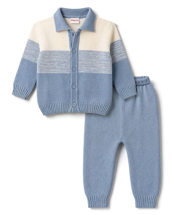 Babyhug Knitted Full Sleeves Striped Sweater Set - Light Blue