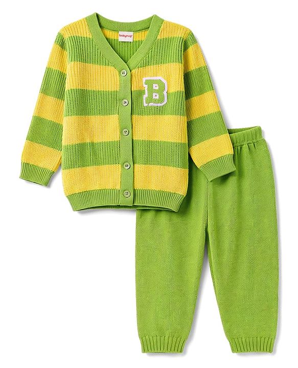 Babyhug Knit Full Sleeves Striped Sweater Set - Green