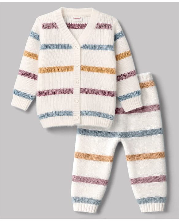 Babyhug Knitted Full Sleeves Striped Co-Ord Sweater Set - White