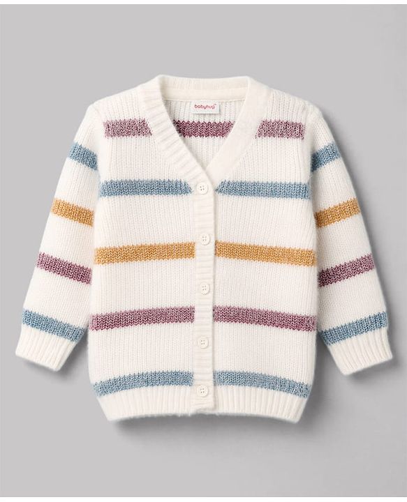 Babyhug Knitted Full Sleeves Striped Co-Ord Sweater Set - White