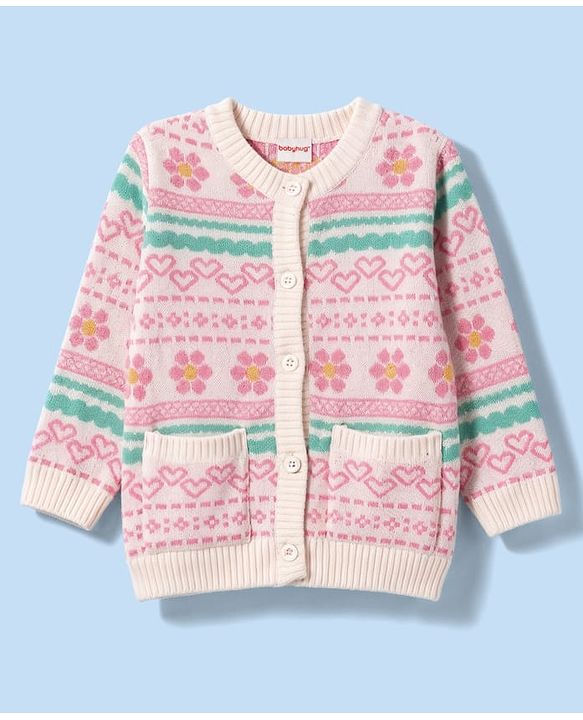 Babyhug Knit Full Sleeves Sweater Set With Floral & Hearts Design - White & Pink