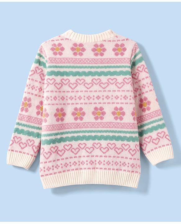 Babyhug Knit Full Sleeves Sweater Set With Floral & Hearts Design - White & Pink
