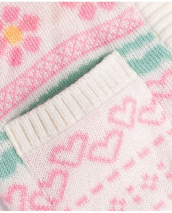 Babyhug Knit Full Sleeves Sweater Set With Floral & Hearts Design - White & Pink