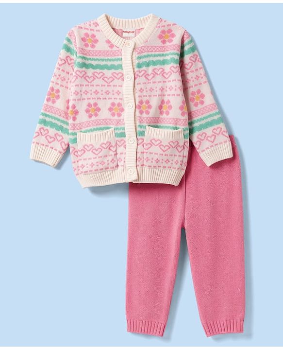Babyhug Knit Full Sleeves Sweater Set With Floral & Hearts Design - White & Pink