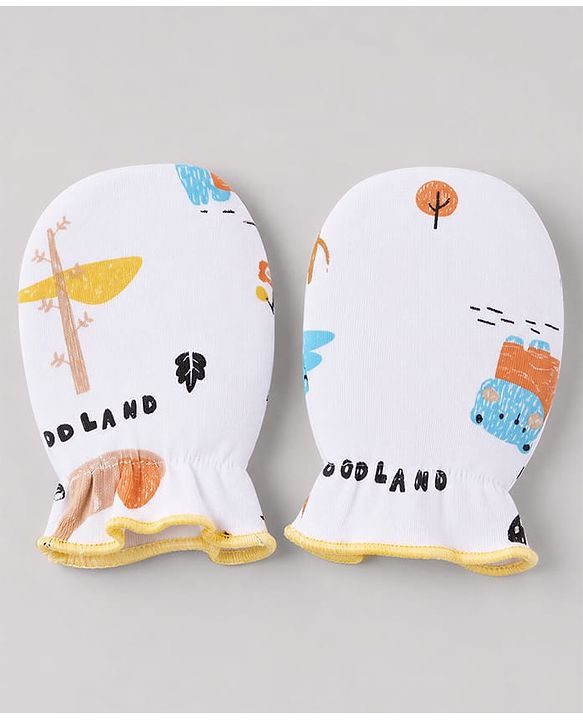 Babyhug 100% Cotton Interlock Knit Mittens & Booties Set With Teddy Bear Print - White