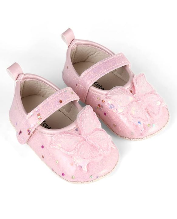 Cute Walk by Babyhug Velcro Closure Butterfly Applique Sequinned Booties With Glitter - Pink