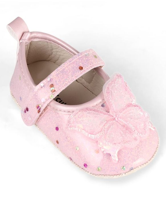 Cute Walk by Babyhug Velcro Closure Butterfly Applique Sequinned Booties With Glitter - Pink