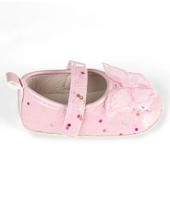 Cute Walk by Babyhug Velcro Closure Butterfly Applique Sequinned Booties With Glitter - Pink