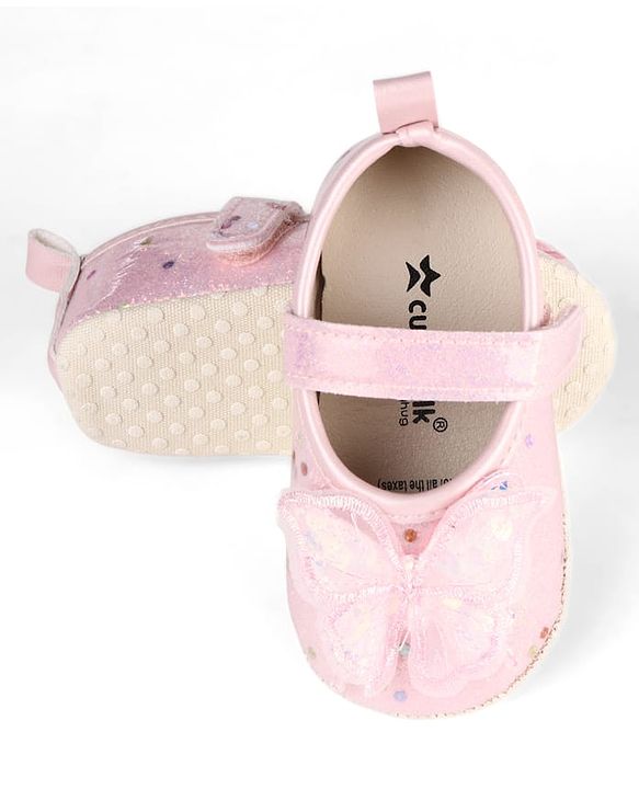 Cute Walk by Babyhug Velcro Closure Butterfly Applique Sequinned Booties With Glitter - Pink