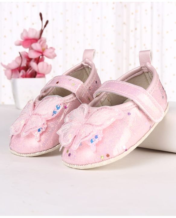 Cute Walk by Babyhug Velcro Closure Butterfly Applique Sequinned Booties With Glitter - Pink
