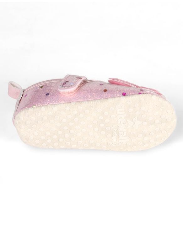 Cute Walk by Babyhug Velcro Closure Butterfly Applique Sequinned Booties With Glitter - Pink