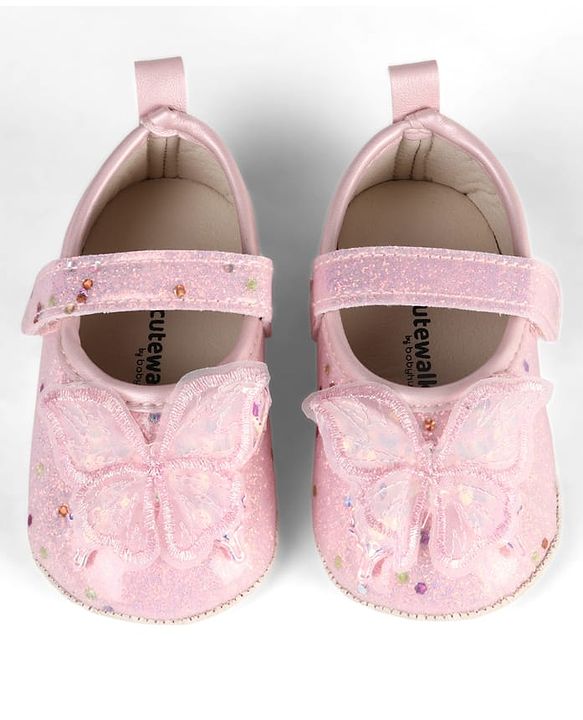 Cute Walk by Babyhug Velcro Closure Butterfly Applique Sequinned Booties With Glitter - Pink