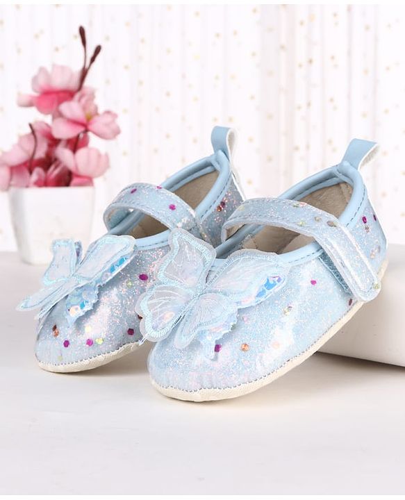 Cute Walk by Babyhug Velcro Closure Butterfly Applique Sequinned Booties With Glitter - Pink