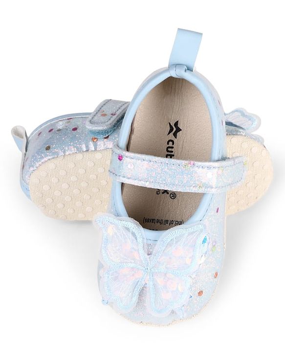 Cute Walk by Babyhug Velcro Closure Butterfly Applique Sequinned Booties With Glitter - Pink