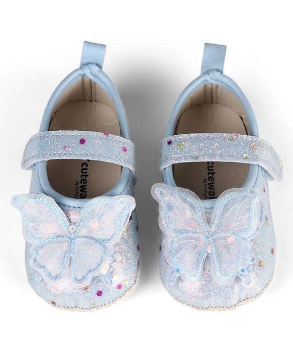 Cute Walk by Babyhug Velcro Closure Butterfly Applique Sequinned Booties With Glitter - Pink