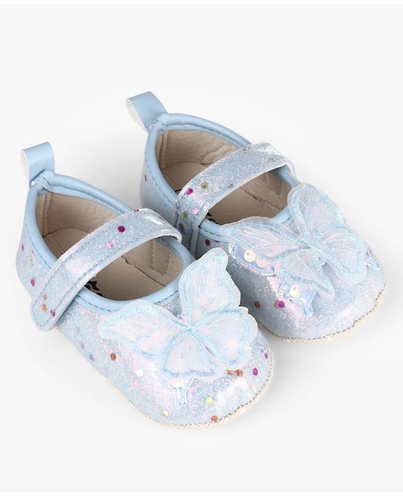 Cute Walk by Babyhug Velcro Closure Butterfly Applique Sequinned Booties With Glitter - Pink
