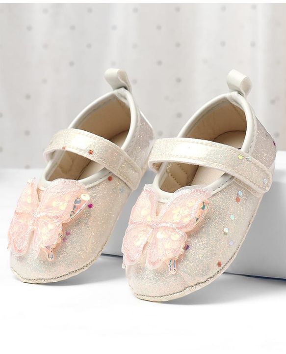 Cute Walk by Babyhug Velcro Closure Butterfly Applique Sequinned Booties With Glitter - Pink