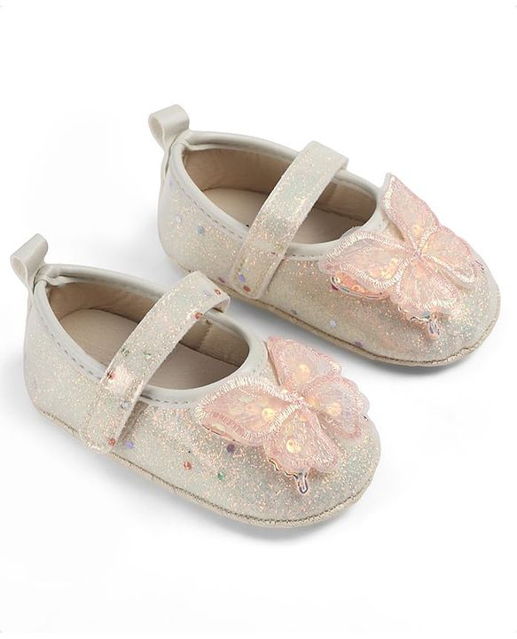 Cute Walk by Babyhug Velcro Closure Butterfly Applique Sequinned Booties With Glitter - Pink