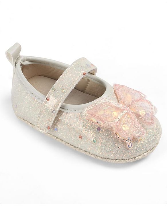 Cute Walk by Babyhug Velcro Closure Butterfly Applique Sequinned Booties With Glitter - Pink