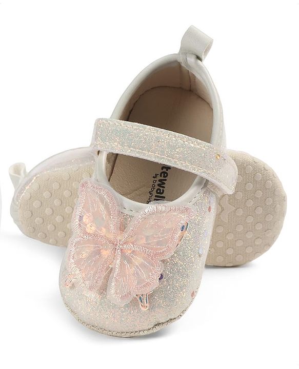 Cute Walk by Babyhug Velcro Closure Butterfly Applique Sequinned Booties With Glitter - Pink