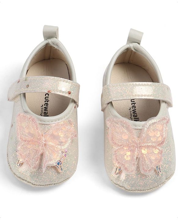 Cute Walk by Babyhug Velcro Closure Butterfly Applique Sequinned Booties With Glitter - Pink