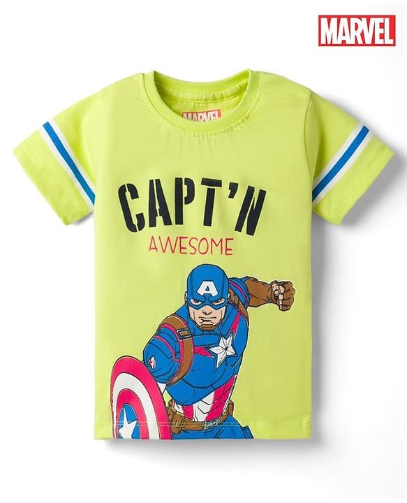 Babyhug Marvel Cotton Single Jersey Knit Half Sleeves T-Shirt with Captain America Graphic- Light Green
