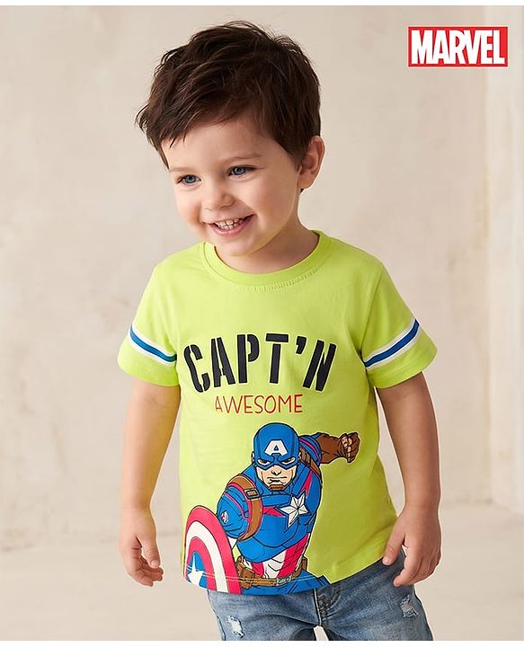 Babyhug Marvel Cotton Single Jersey Knit Half Sleeves T-Shirt with Captain America Graphic- Light Green