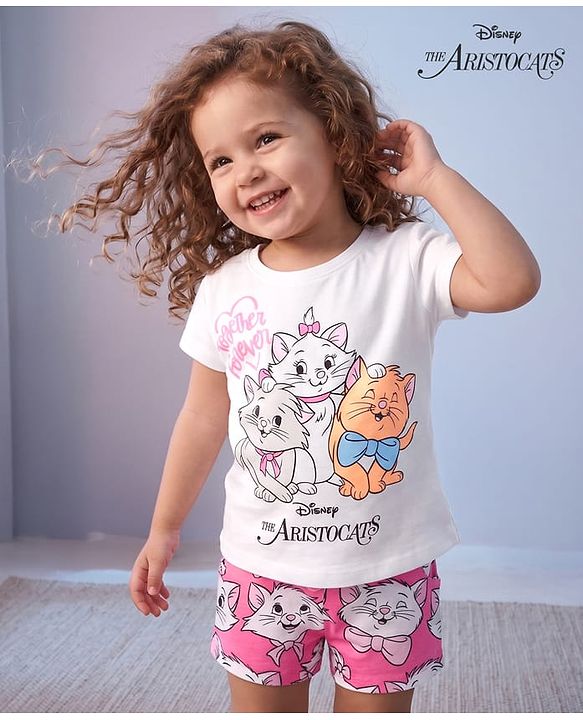 Babyhug Disney Single Jersey Knit Half Sleeves T-Shirt & Shorts Night Suit With Marie Graphics - Multicolor
