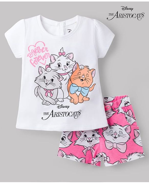 Babyhug Disney Single Jersey Knit Half Sleeves T-Shirt & Shorts Night Suit With Marie Graphics - Multicolor
