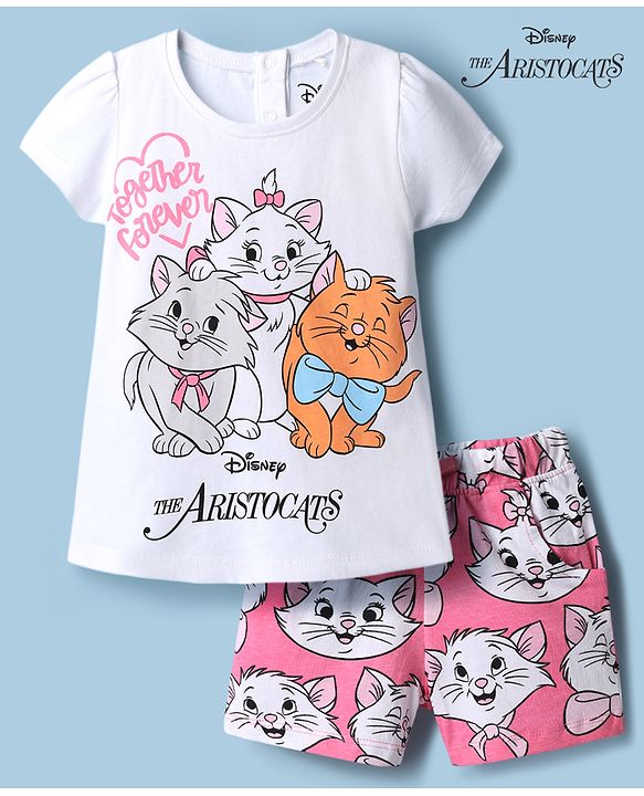 Babyhug Disney Single Jersey Knit Half Sleeves T-Shirt & Shorts Night Suit With Marie Graphics - Multicolor