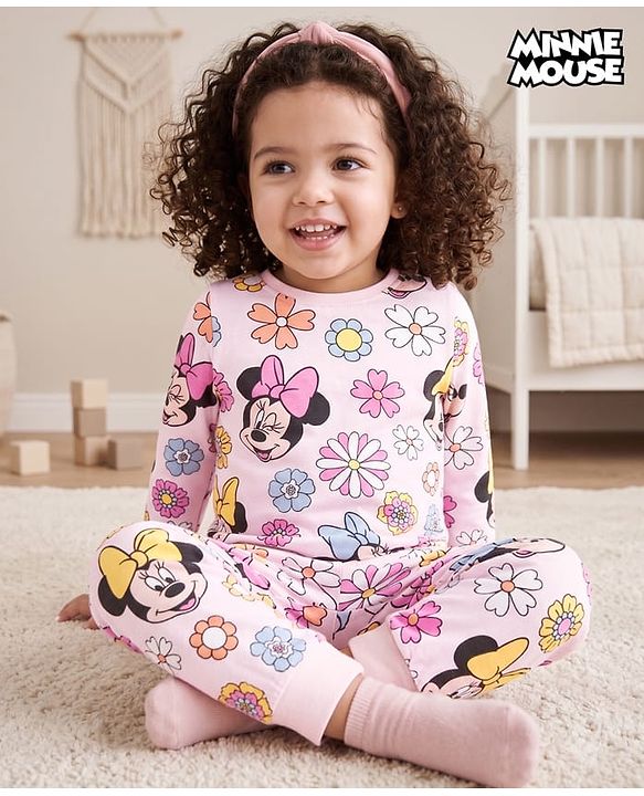 Babyhug Disney Single Jersey Knit Full Sleeves Co-Ord T-Shirt &  Pyjama Night Suit With Minnie Mouse Graphics - Multicolor