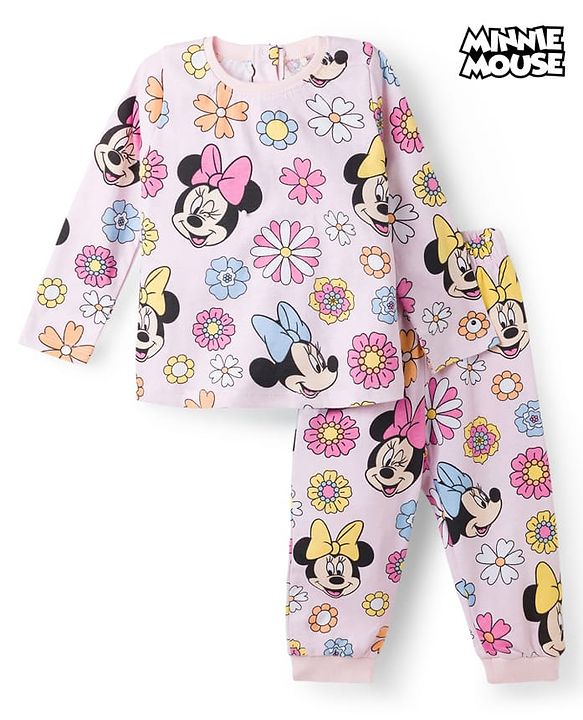 Babyhug Disney Single Jersey Knit Full Sleeves Co-Ord T-Shirt &  Pyjama Night Suit With Minnie Mouse Graphics - Multicolor