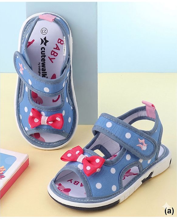 Cute Walk by Babyhug Velcro Closure Polka Dots Printed Sandal With Bow Applique  - Blue