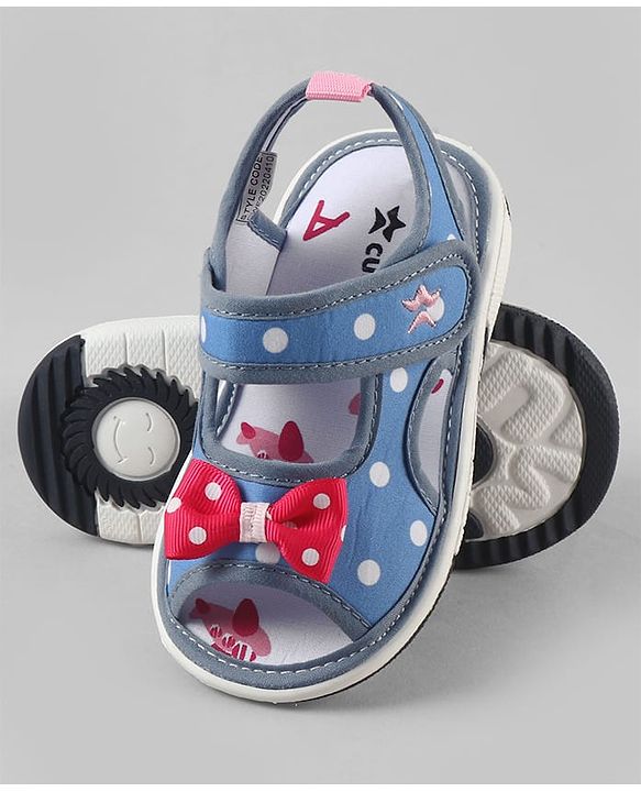 Cute Walk by Babyhug Velcro Closure Polka Dots Printed Sandal With Bow Applique  - Blue