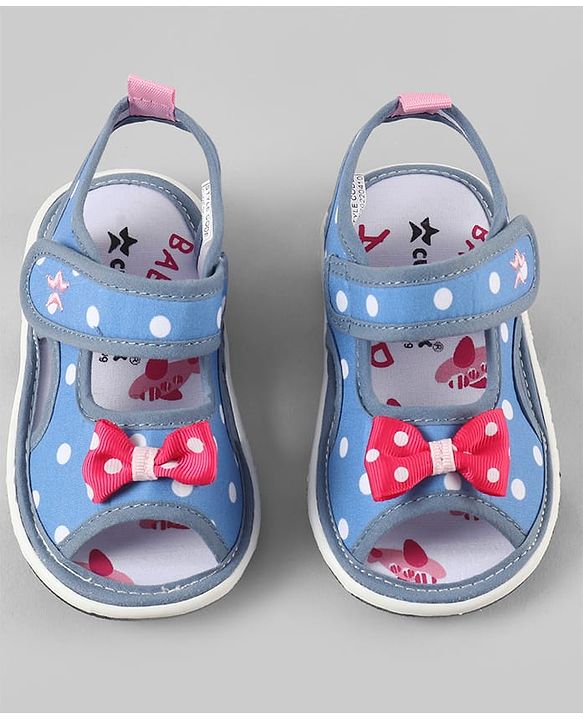 Cute Walk by Babyhug Velcro Closure Polka Dots Printed Sandal With Bow Applique  - Blue