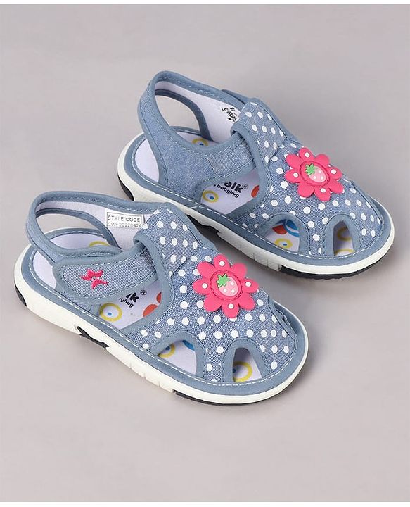 Cute Walk by Babyhug Sandals with Polka Dot Print & Floral Applique - Blue