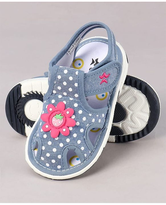 Cute Walk by Babyhug Sandals with Polka Dot Print & Floral Applique - Blue
